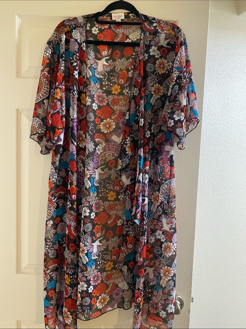 LuLaRoe Black Sheer Floral & Bird Kimono Duster with Multi Colors